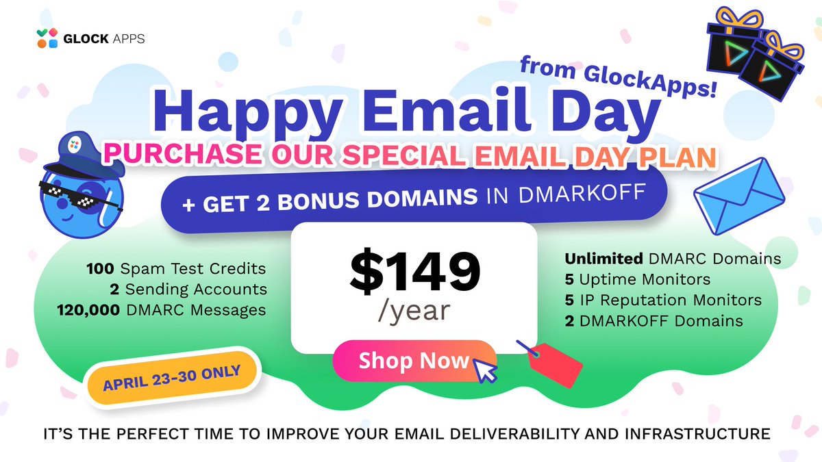 glockapps's tweet photo. Happy Email Day!💌
From April 23 to 30, we’re marking the occasion with a special offer:
🎁Purchase our Email Day Plan and get 2 bonus domains in DMARKOFF.
Shop now 👇https://t.co/LfaLCOcYAq
As long as your GlockApps plan is active, your bonus domains stay monitored in DMARKOFF💥 https://t.co/QE3wgfcRtW