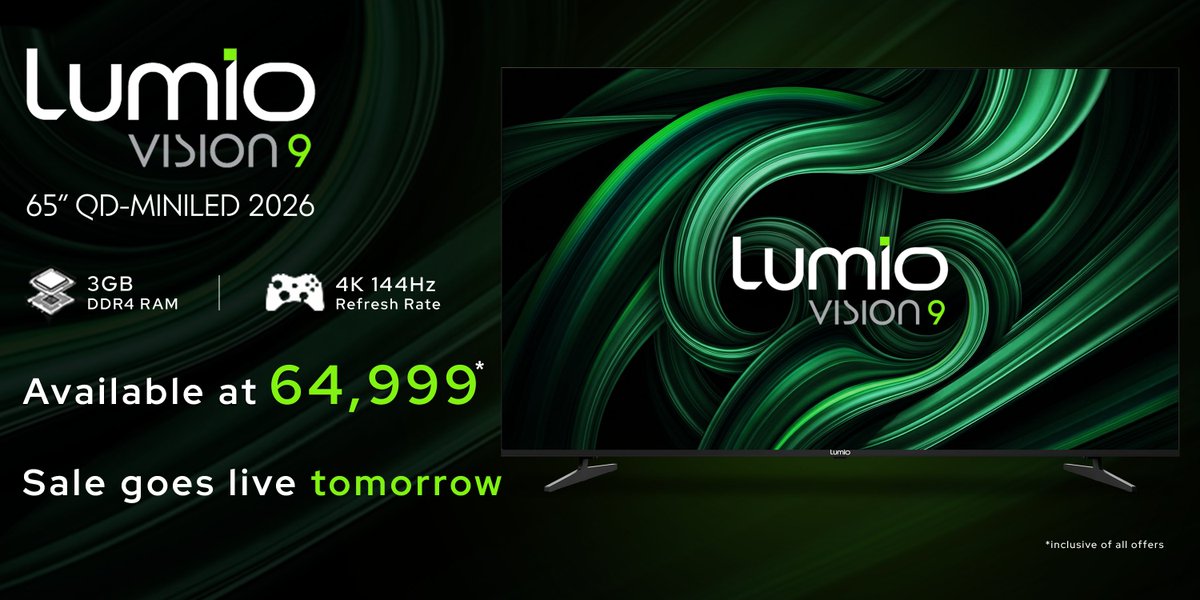 LumioIN's tweet image. Lumio Vision 9 65 goes on sale tomorrow at 12 noon!

Our best Vision yet will be available on both Amazon and Flipkart.