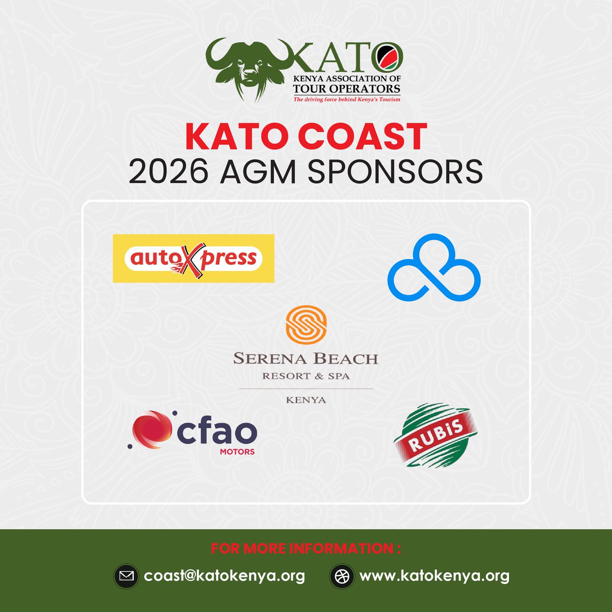 Kato_kenya's tweet photo. Meet the sponsors for the 24th KATO Coast AGM! 🌍✨Shaping the future of the coastal region.
#KATOCoastAGM2026  #CoastTourism #IndustryPartners #SustainableTourism #Networking #Rubis #AutoXpressKenya #CFAOMobility
#Blueskies #Serenabeachresort https://t.co/2EzSEzoLNV