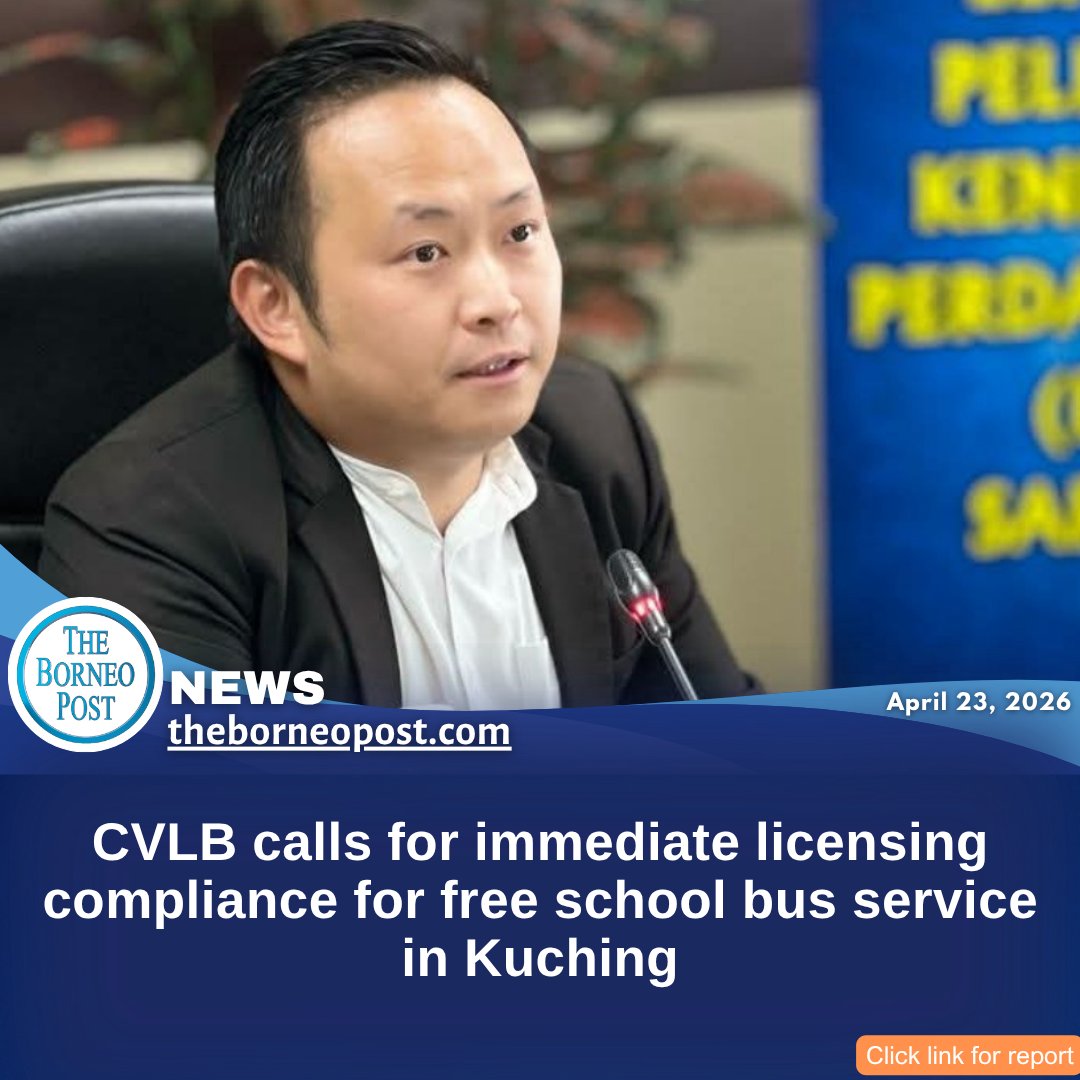 theborneopost's tweet image. Concerns have been raised over 12 school buses operating under a free transport initiative for SJK(C) Chung Hua No. 6 in Kuching, as authorities say the vehicles have yet to obtain the required licences.
theborneopost.com/2026/04/23/cvl…

#Kuching #SchoolBus #RoadSafety #CVLB