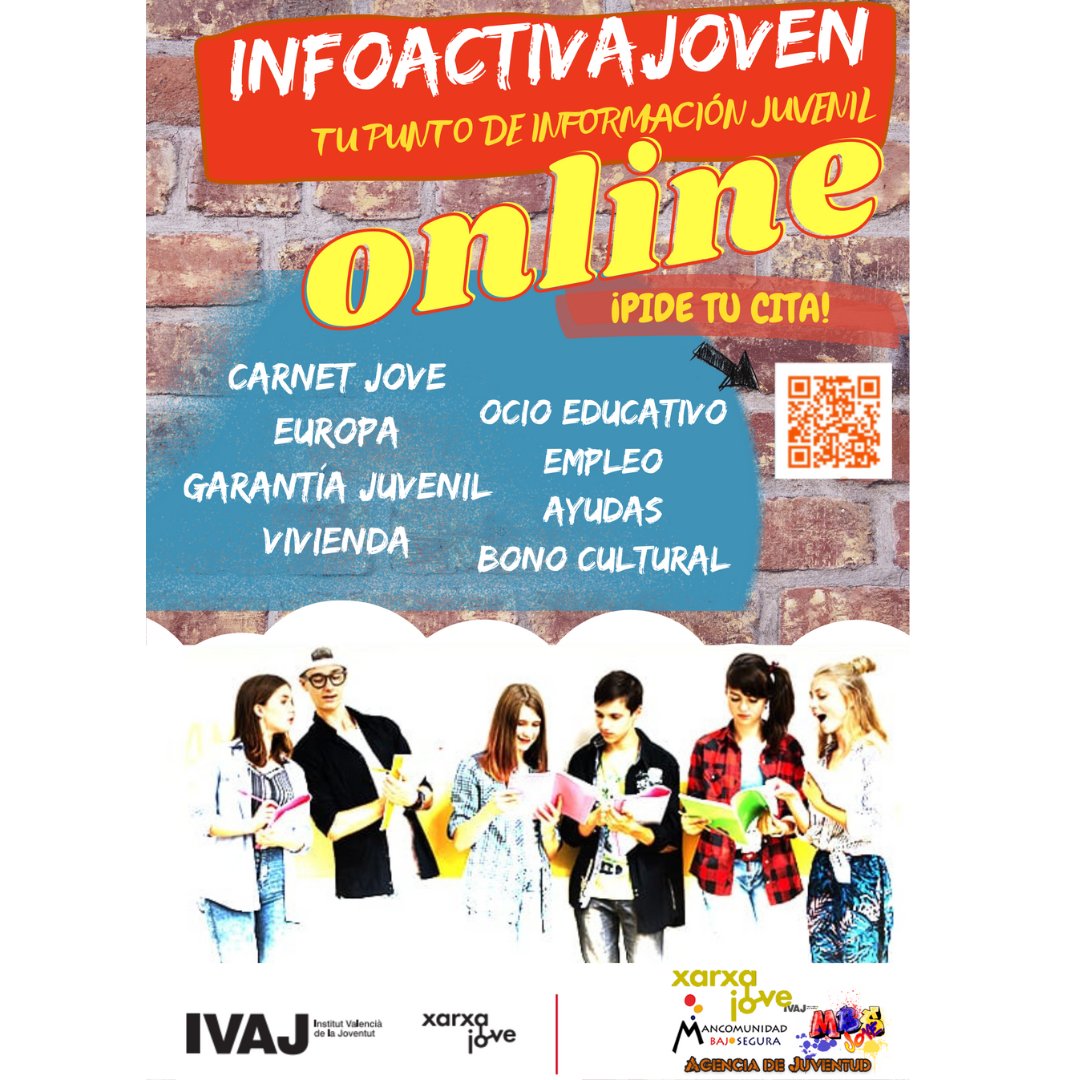 ➡  Escanea el código QR 📲 de la imagen y encontrarás información sobre los lugares y horarios de Información Juvenil de la Agencia #MBSJove de #MancomunidadBajoSegura, en el programa Infoactivajoven. 

👉🏽 Un lugar de encuentro para jóvenes de 12 a 30 años.

#MBS #Juventud