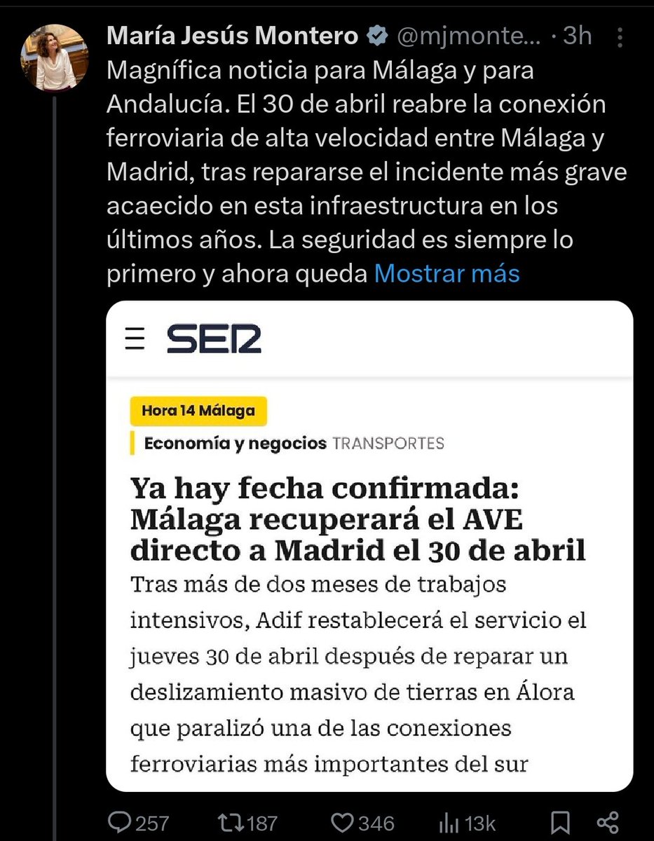 Cómo de idiota tienes que considerar a tu electorado que tildas de "magnífica noticia" la reparación de un tramo cortado por falta de mantenimiento?