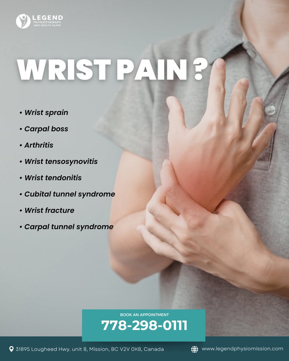 Legend_physio's tweet image. Wrist pain slowing you down? It could be a sprain, tendonitis, or even carpal tunnel syndrome. Don’t ignore the signs—early care can help restore comfort and mobility.

📅 Book An Appointment Today!! 📅

🌐 Visit: legendphysiomission.com

#WristPain #Physiotherapy #PainRelief