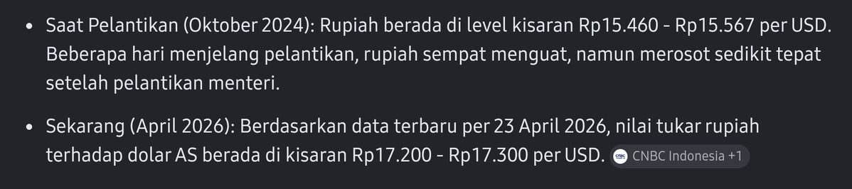 Saat dilantik: Rp. 15.500~
Saat ini: Rp. 17.300~

Sebagai yg gajinya dalam USD, sebenernya enak-enak aja gajinya udah naik sekitar 11%-an dengan sendirinya.

Tapi itu bukan realita yang aku mau 🥲

Harga barang-barang hasil import jadi pada mahal. 
Urusan ke luar negeri jadi