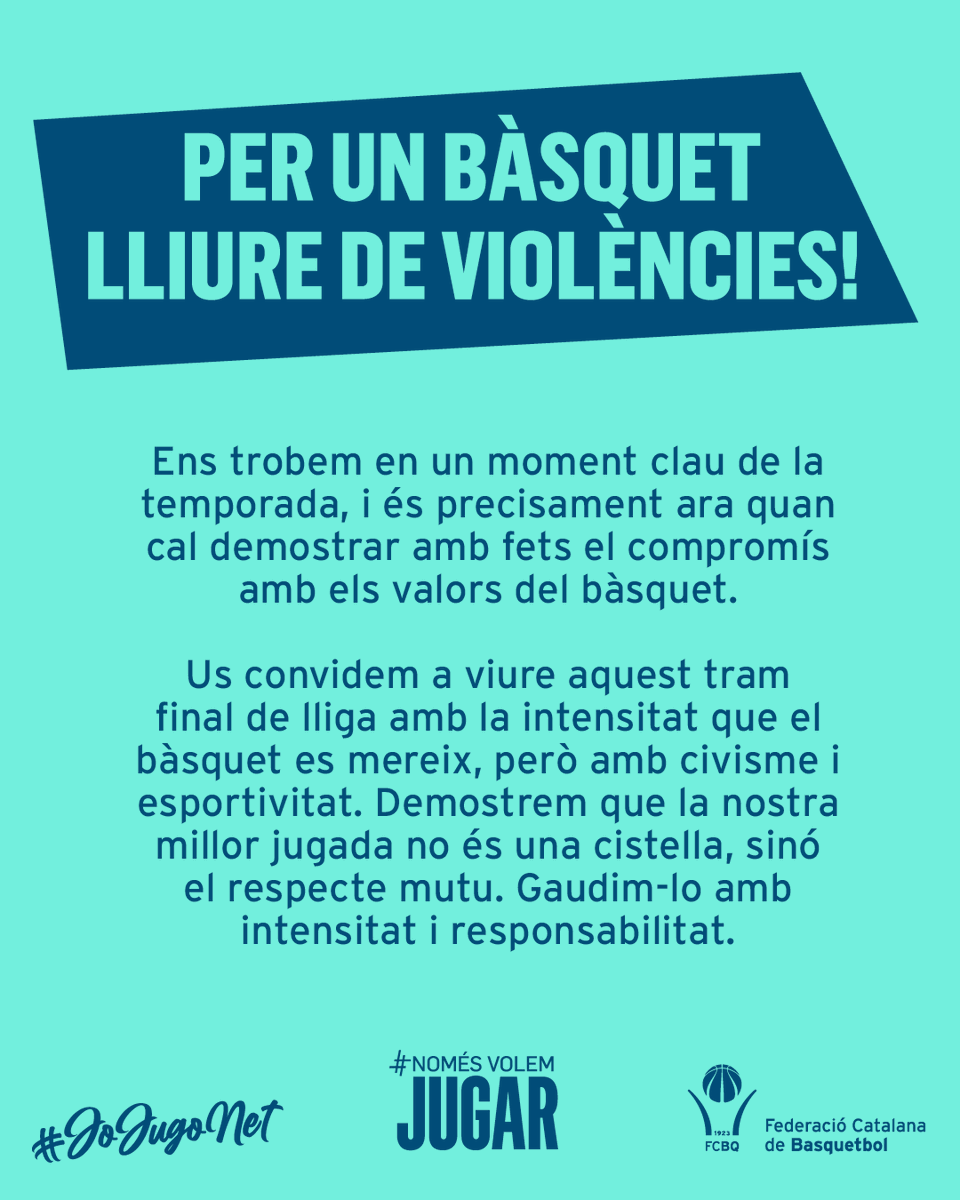 FCBQ's tweet photo. 🤝 Per un bàsquet lliure de violències! 🏀

#NomésVolemJugar #JoJugoNet

➡️ https://t.co/Qme1sxax8n https://t.co/728FqK7Ft6