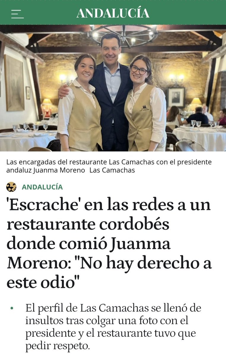 La fuerza de #Andalucía son los emprendedores y trabajadores que hacen crecer esta tierra, como los del restaurante Las Camachas.
 
En Andalucía no hay lugar para quienes buscan propiciar la crispación y el odio desde afuera, como aquellos que han atacado a este local en redes