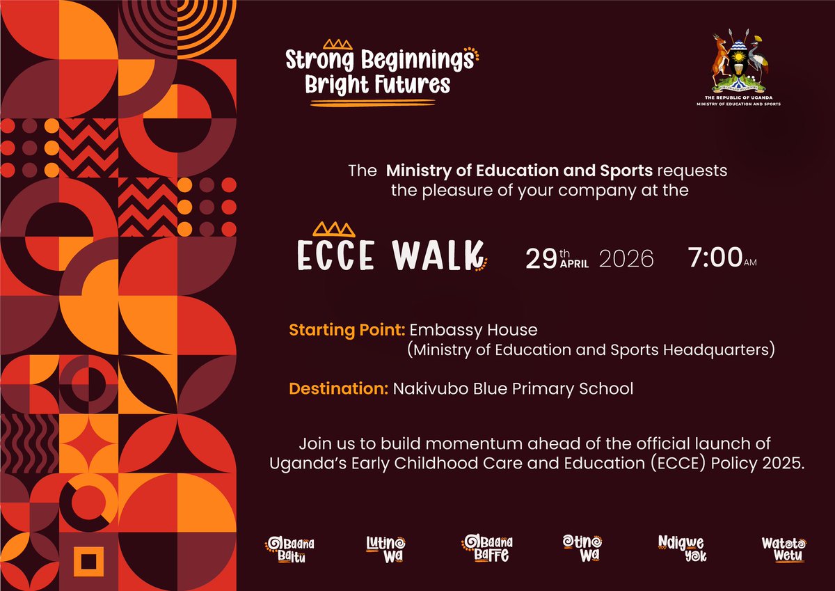 PrimaryDiv's tweet image. ‍♀️‍♂️ Join us for the #ECCE Walk on 29 April 2026 as we raise
our voices for our youngest children! 

📍 Start: Embassy House, Ministry of Education and Sports
🕖 Time: 7:00 AM
🏁 End: Nakivubo Blue Primary School

Chief Walker&amp;gt;Hon. Dr. Joyce Kaducu.
#ECCEPolicyUG