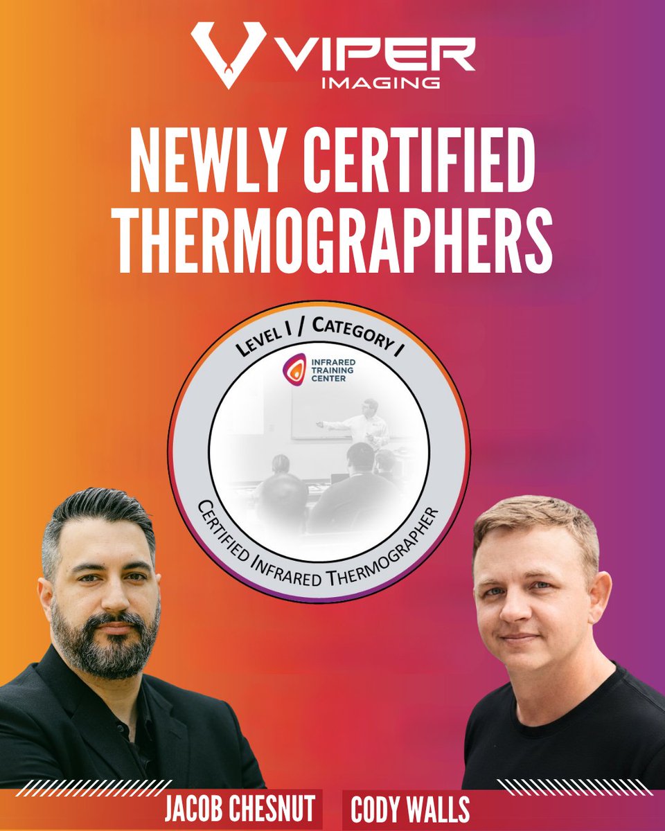 ViperImaging's tweet photo. Two of our team members just earned their Level 1 / Category 1 infrared certification from the Infrared Training Center (ITC). This means more accurate thermal diagnostics, better data, and greater confidence for our customers—helping prevent failures before they happen! #thermal https://t.co/uZkFhKHoXs