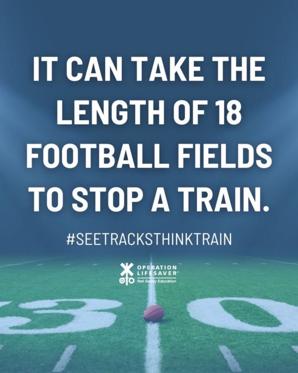 HindsEOC's tweet image. Did you know that it can take a train traveling 55 mph over a mile to stop? That's 18 football fields! 

#RailSafety #SeeTracksThinkTrain #STOPTrackTragedies

Reshared from @operation_lifesaver_inc