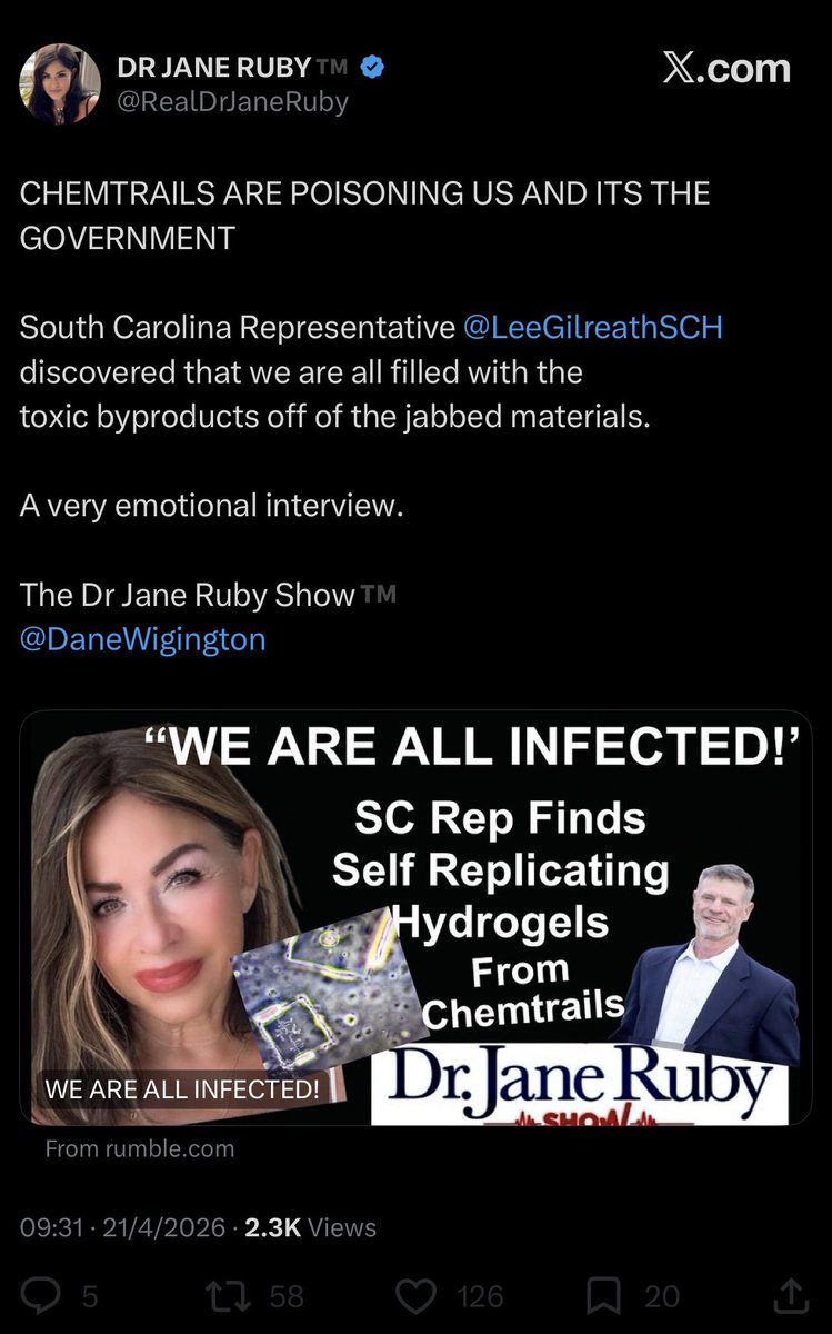 QuackDetector's tweet photo. “Dr” Jane says we are all infected with vaccine materials from chemtrails, or something…
#QuackRuby https://t.co/JZbJJhhYEO