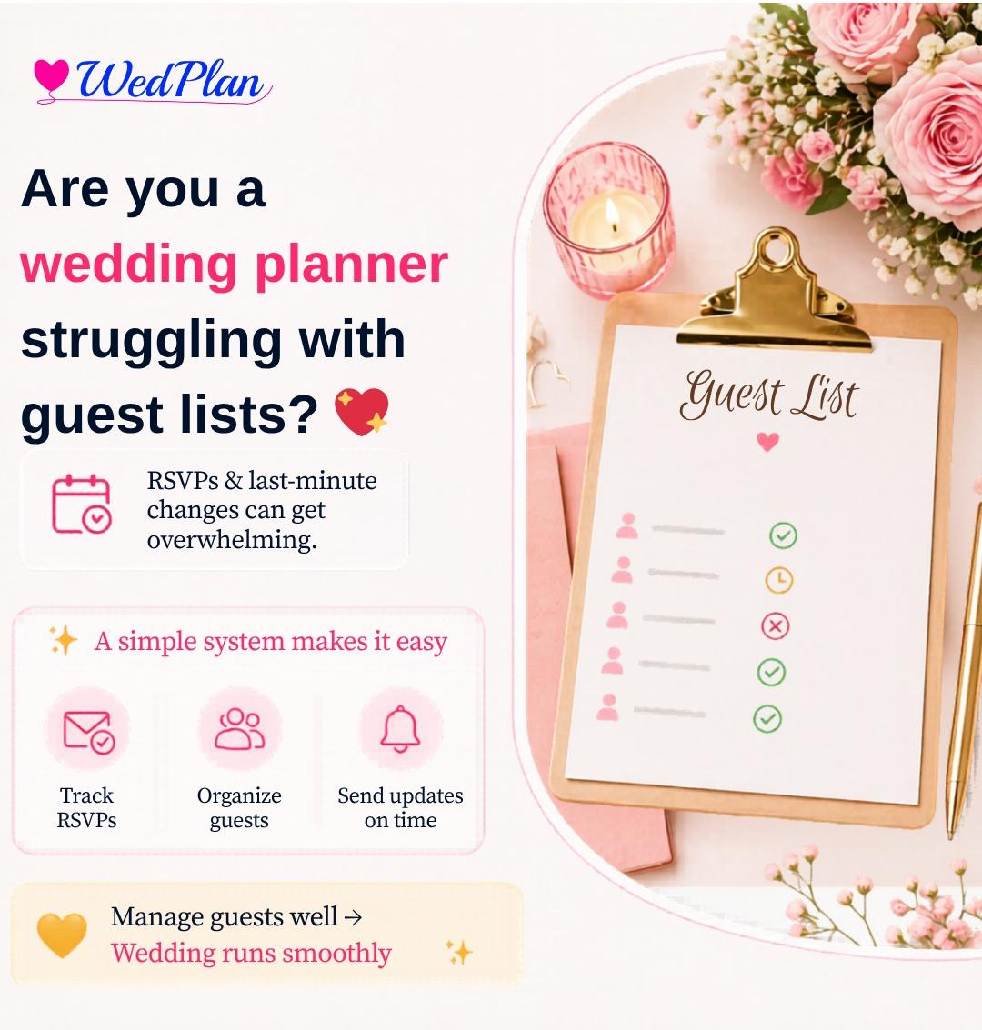 wedplan_in's tweet image. wedplan.in
Are you a wedding planner struggling with guest list chaos? 📷
Because when your guest list is under control…
everything else falls into place. 📷
#WeddingPlanner #EventPlannerLife #WeddingPlanning #GuestList #EventManagement
#IndianWedding #WeddingTips