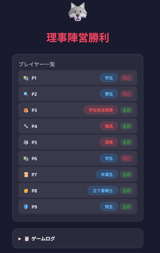 tsun_tsun_dayo's tweet photo. 京大人狼というゲームを作りました

学生に理事が紛れ込んでおり、毎晩学生が一人処分されていくので、話し合いで理事を探し出すゲームです

対面でスマホを渡していく感じでプレイできます

毎朝の立て看の状態でプレイヤーの生存状況を推測できるのがこだわりポイントです

https://t.co/F0JDVob28C https://t.co/HFEXN2VNV6