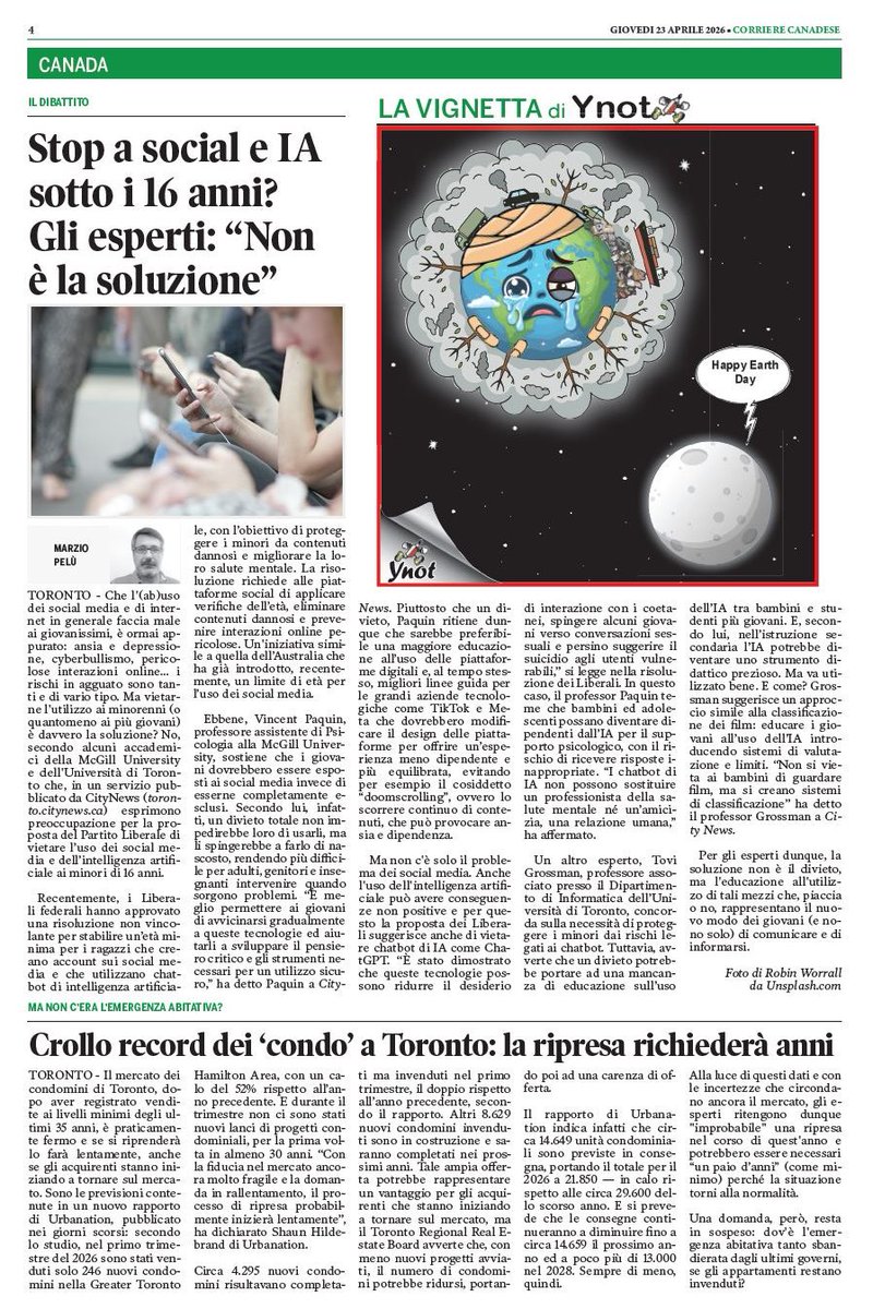 HenryInTheSpace's tweet image. I social media e l'intelligenza artificiale dovrebbero essere vietati ai minori di 16 anni? Gli esperti dicono di no: servono linee guida e programmi educativi più efficaci. Il mio articolo oggi sul @CCanadese

- online: corriere.ca/stop-a-social-…

#Internet #IA #SocialMedia