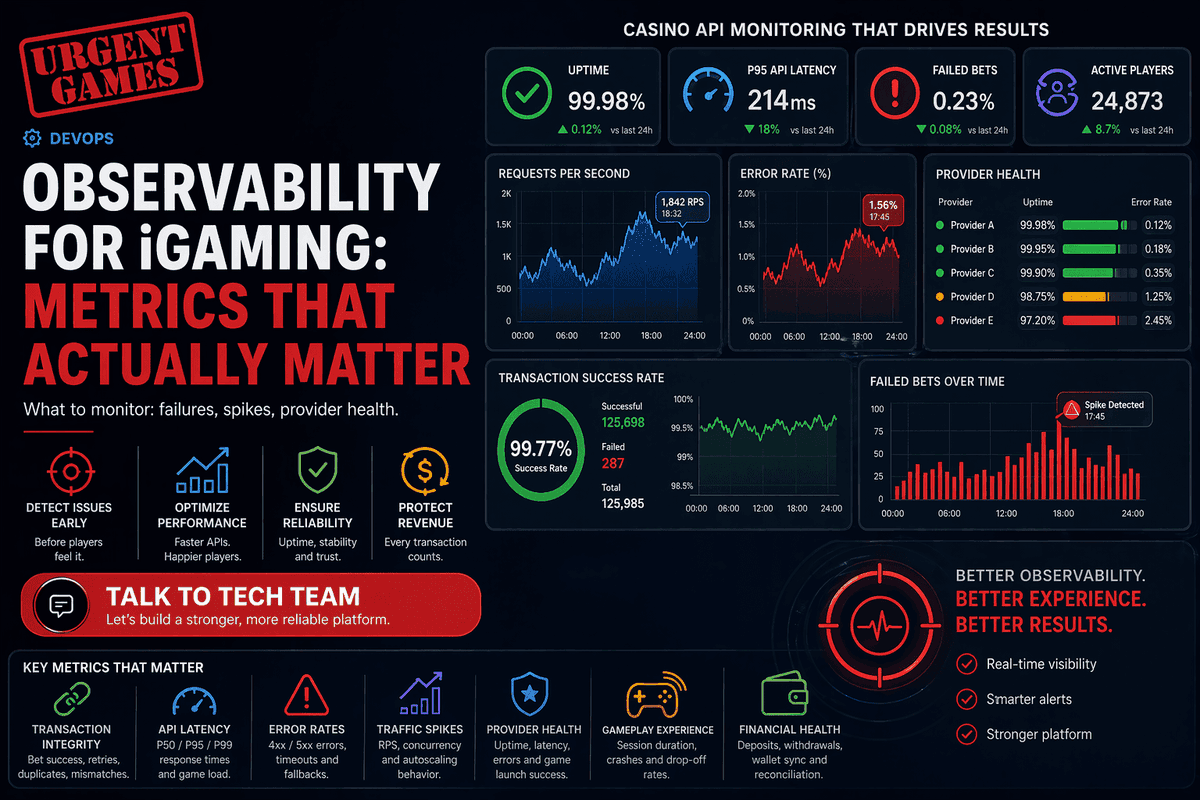 UrgentGames's tweet photo. Uptime ≠ performance.

In iGaming, what matters is:
• Failed transactions
• P95/P99 latency
• Provider reliability
• Session drop-offs
Measure business impact — not vanity metrics.
#iGaming #Observability #SRE #APIs #Tech https://t.co/Ynsa5cJA4m