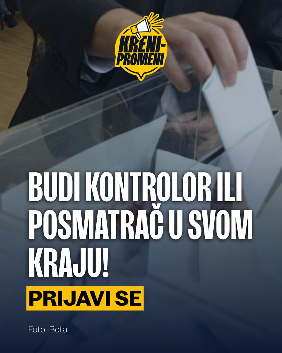 KPromeni's tweet photo. 📢Budi kontrolor ili posmatrač u svom kraju, na svom biračkom mestu. Prijavi se: https://t.co/osG0ZXmoTf 

📢Na poslednjim izborima videli smo ljude sa sekirama, bejzbol palicama, razbijene automobile i izbušene gume. Ali smo videli i ljude koji ustaju u 5 ujutru, po snegu, kiši i blatu, bez ucena i bez novca, i odlaze da čuvaju izbornu volju građana.

📢Imali smo 550 posmatrača koji su pratili nepravilnosti u 10 mesta i uprkos troje privedenih posmatrača Kreni-Promeni i izbušenim gumama na početku izbornog dana, ljudi su se vraćali na teren kako bi pomogli da se nepravilnosti smanje. Tamo gde postoje obučeni kontrolori i posmatrači, krađa se u velikoj meri sprečava, uključujući i fantomska glasanja koja su razotkrivana kontrolom glasanja van biračkih mesta.

📢Da bismo pokrili svako biračko mesto u Srbiji potrebno je najmanje 16.000 ljudi. Ako svako od nas ne preuzme svoj deo odgovornosti i ne stane na biračko mesto u svom kraju, neće imati ko da sačuva izbore.

Zato se prijavi i budi deo onih koji čuvaju glas naroda: https://t.co/osG0ZXmoTf