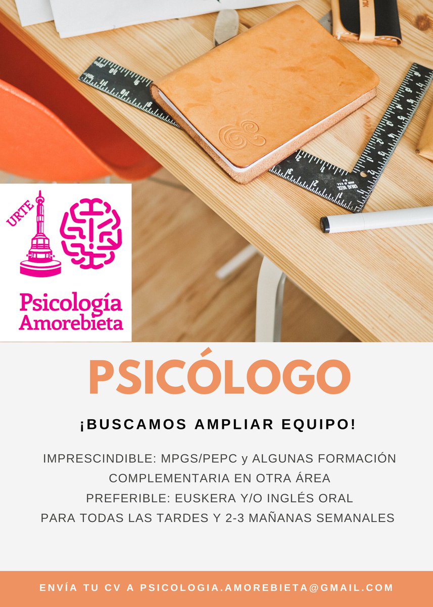 Buscamos nuevo compañero o compañera!!!
Si te interesa, manda curriculum a psicologia.amorebieta@gmail.com
¡Te estamos esperando! :-)