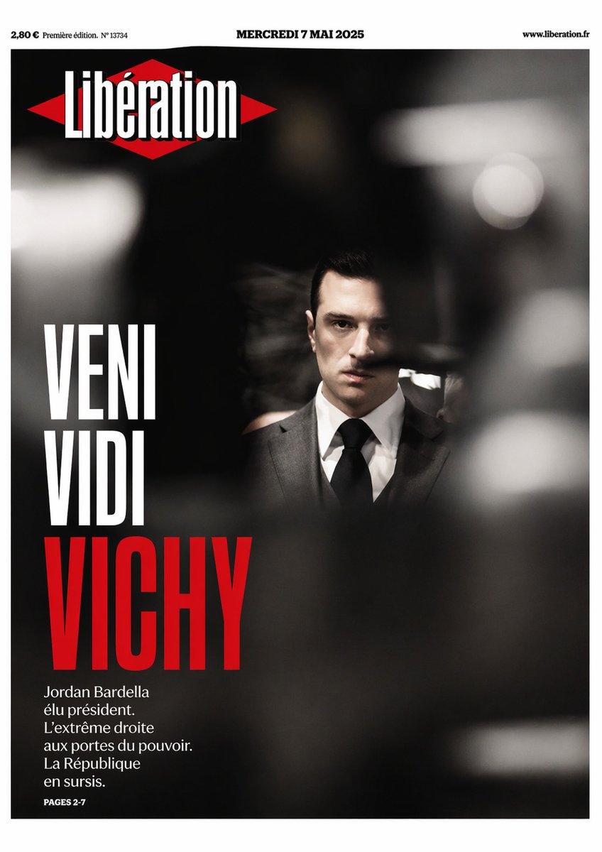 GRLacheroy's tweet image. Nous sommes le lendemain du second tour de l'élection présidentielle. Jordan Bardella vient d'être élu à 55 %. La totalité des journaux de gauche se lance dans la course à la une la plus stylée.