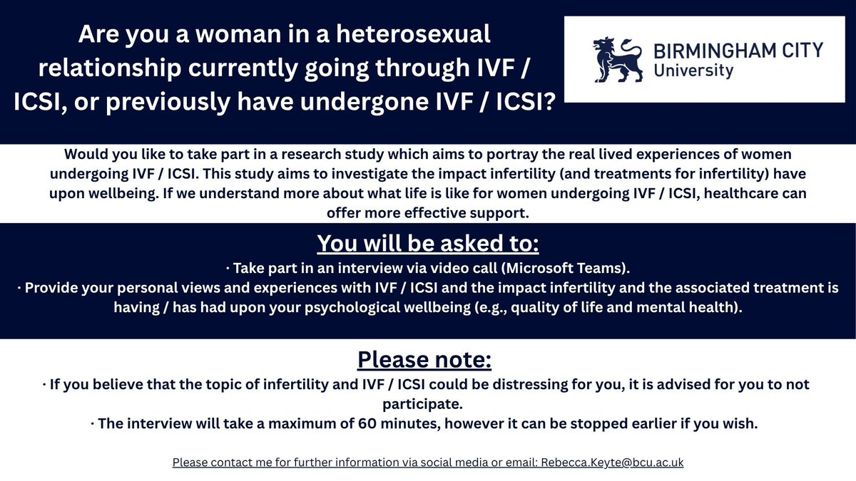 BeckyKeyte's tweet photo. 💉 Would you like to share your views on the impact infertility/treatments for infertility have had upon your wellbeing?

👩 You can participate in our interview if you are a woman in a heterosexual relationship currently undergoing (or previously undergone) fertility treatment https://t.co/CoqlpHiQRH