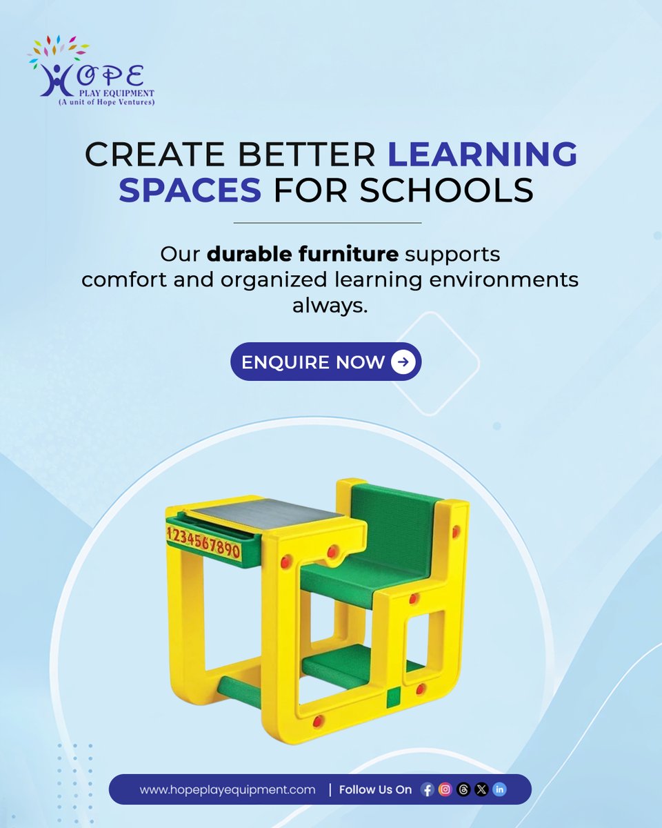 Hopeplayventure's tweet image. Durable, comfortable school furniture designed to improve classroom organization, enhance focus, and create efficient, engaging learning spaces.

🌐Visit: hopeplayequipment.com
📞Call: + 91 - 7349504747

#education #schoollife #learning #students #schooldesign #schoolfurniture