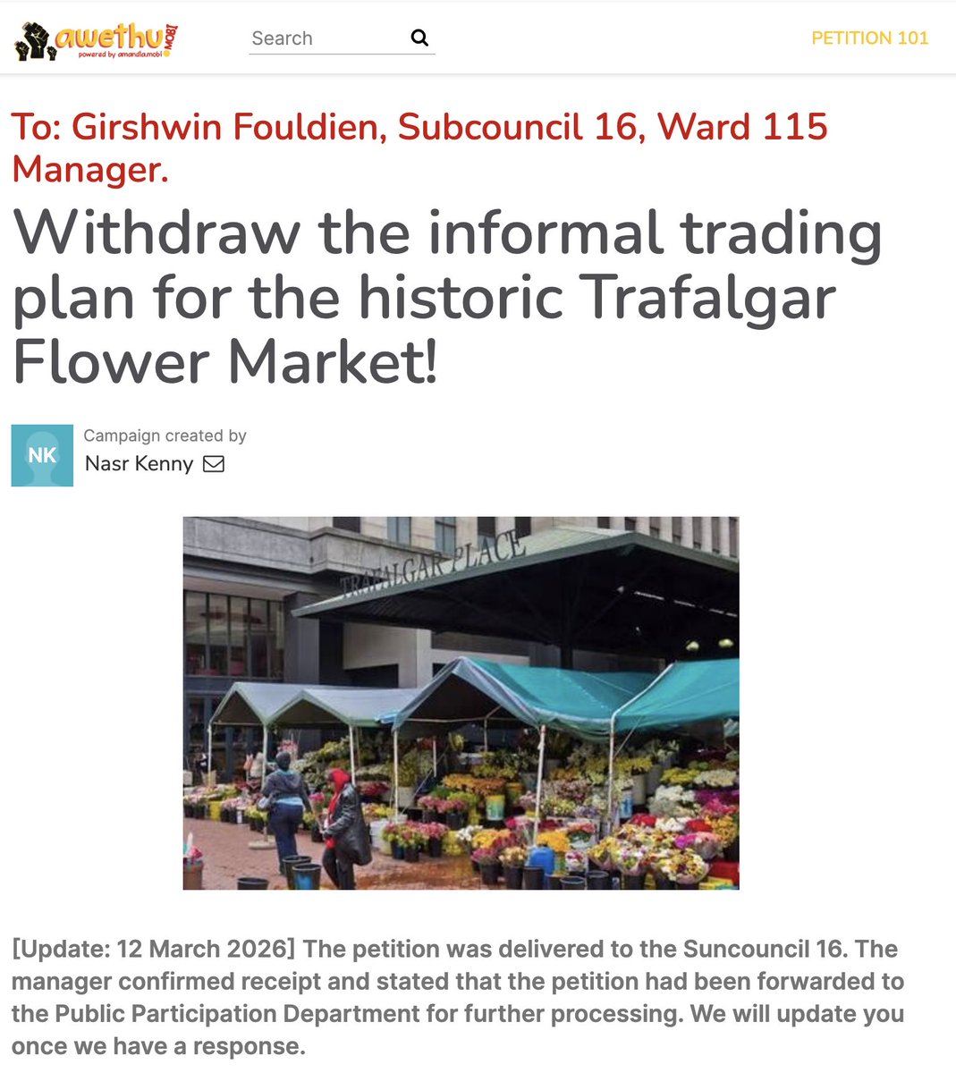AmandlaMobi's tweet photo. Flower sellers have been trading at the Trafalgar Flower Market for more than 150 years. But now the City of Cape Town wants to introduce a monthly permit-based system, where they will start charging them for trading there, something that has never been done before.

This will push traders out because they won't be able to pay the monthly permit fee. In March, the traders delivered a petition to the Sun Council and are still awaiting a response.

The permit-based system is a threat to their livelihoods, and must be stopped. Stand with the traders and demand the withdrawal of the trading plan. Add your name to the petition here: https://t.co/ZS5CvCLKRp.

#TogetherForJustice ✊🏾