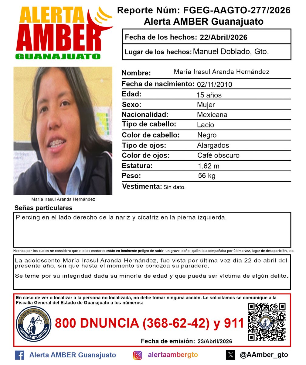 AAMBER_gto's tweet photo. Activación de la Alerta AMBER Guanajuato de la adolescente María Irasul Aranda Hernández de 15 años, Manuel Doblado, Gto. ¡Ayúdanos a localizarla! https://t.co/iZtrxsfbK1