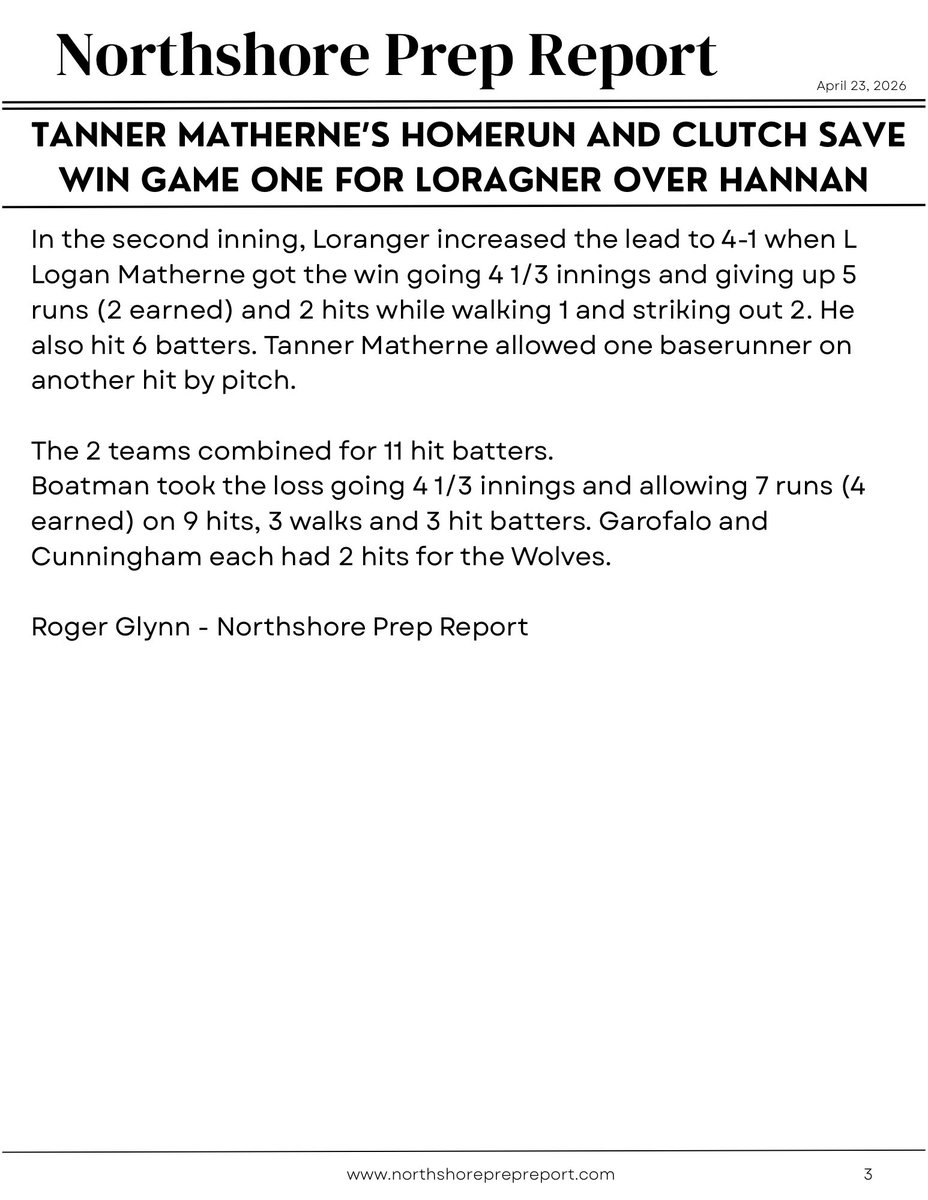 NorthshorePrepR's tweet photo. ⚾️ Loranger beat Hannan in Game One of the Regionals behind Tanner Matherne’s homerun and save. Story by: Roger Glynn @TannerMathern13 @Derek_Sims @RogerRogglynn https://t.co/FNFJDrqdq3
