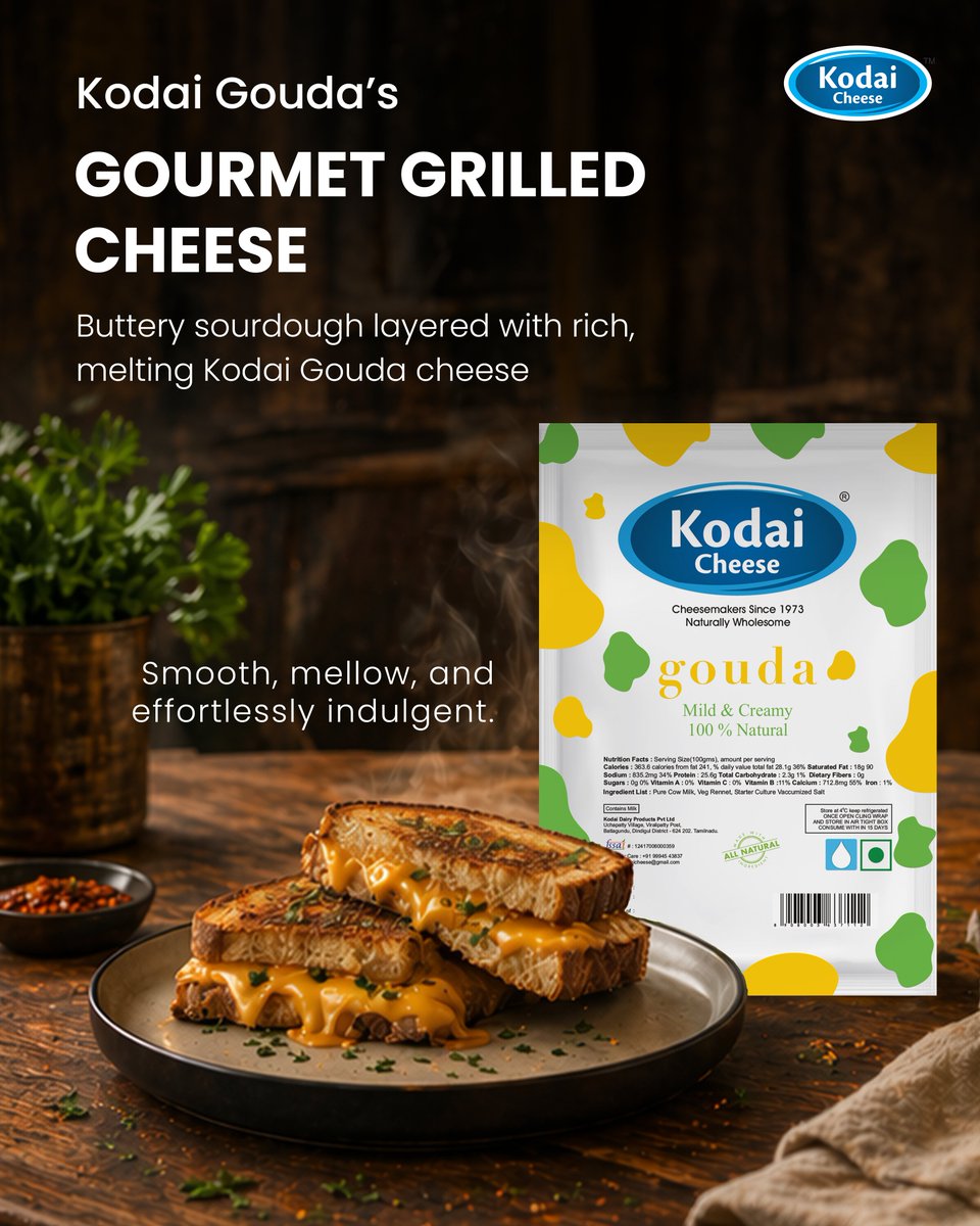 KodaiCheese's tweet photo. Elevate the everyday. Savor the smooth, mellow richness of kodai Gouda, melted to perfection in a gourmet grilled cheese

#ArtisanCheese #GourmetGouda #GrilledCheese #PremiumDairy #HandcraftedFood #LuxurySnack #OrganicCheese #SourdoughMelt #kodaicheese #naturallywholesome https://t.co/tY1DlU74vf