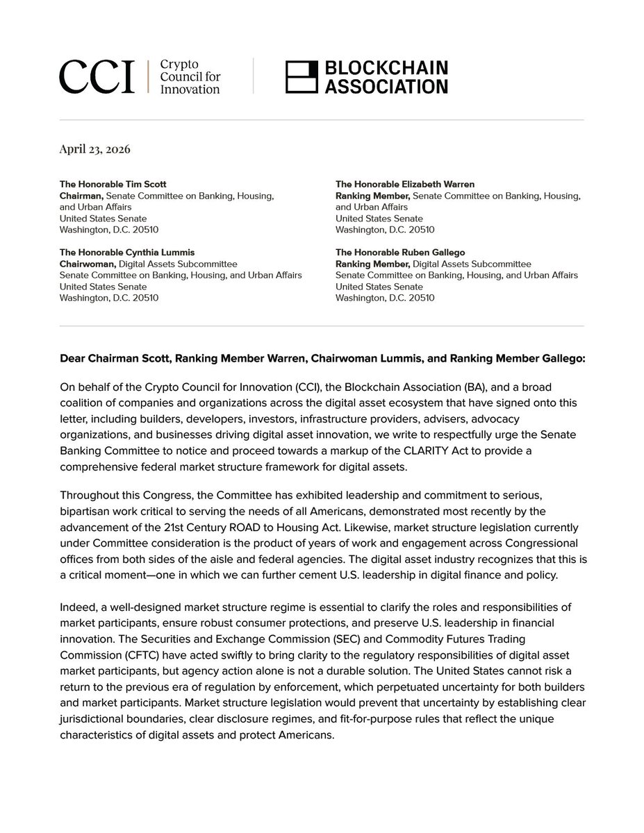 Cointelegraph's tweet image. 🔥 BIG: @crypto_council and @BlockchainAssn, backed by 120+ groups including Coinbase, Ripple, Kraken, Circle, OKX, Cryptocom, Solana Policy Institute, Consensys, and Zcash Foundation, urged the U.S. Senate Banking Committee to advance crypto market structure legislation.

We