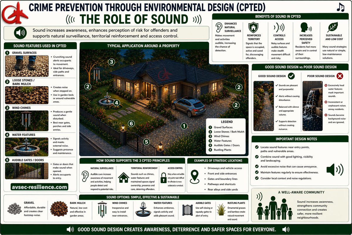 AvKeep's tweet image. Crime Prevention Through Environmental Design (CPTED) 🔊 - Sound 

Using sound features like gravel, gates and wind chimes increases awareness and makes movement easier to detect. 👣🏡

Smart design = safer environments.

#CPTED #UrbanDesign #CrimePrevention #EnvironmentalDesign