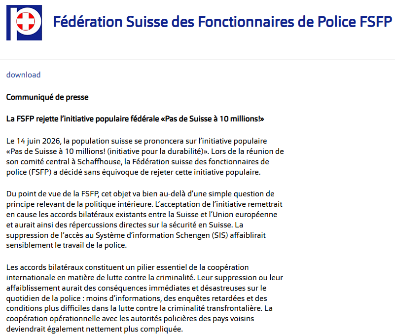 dom_rochat's tweet photo. C'est un NON sec des fonctionnaires de police suisses à l'initiative "Suisse à 10 millions", qui aurait des "des conséquences immédiates et désastreuses sur le quotidien de la police". https://t.co/1h8OAC9Yuy https://t.co/mr4bLxbcJp