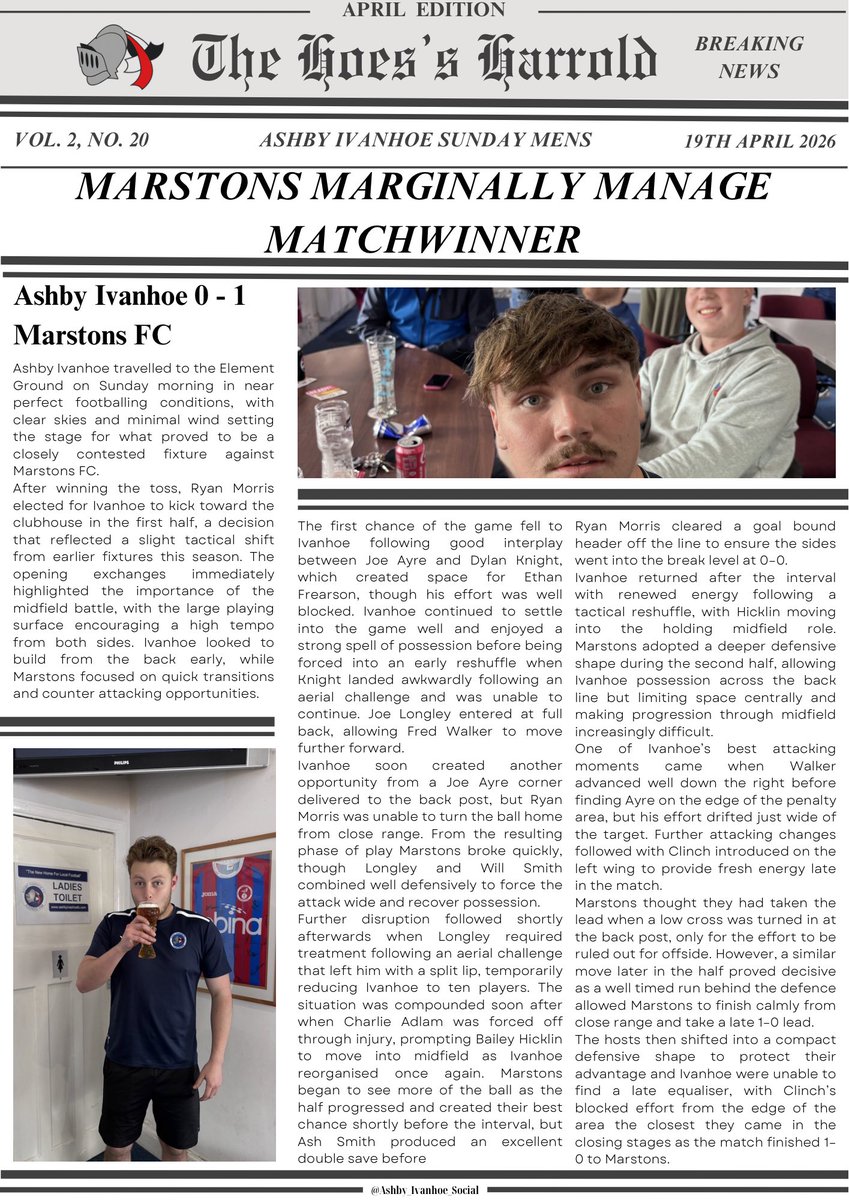 IvanhoeSocial's tweet photo. FT: Ashby Ivanhoe 0-1 Marstons FC

A narrow defeat at the Element Ground despite strong defensive work including a double save from Ash Smith.

Injuries to Knight, Longley and Adlam forced early changes as the hosts struck late to take the points.

Attention turns to Wednesday.🫡 https://t.co/8U65Fq2spC