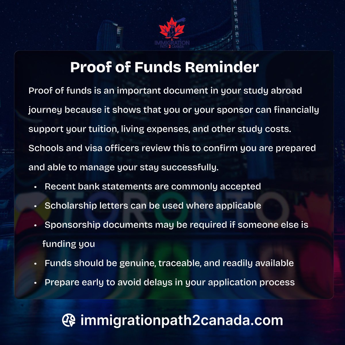 path2canada's tweet image. Proof of funds matters 🌸🇨🇦 IRCC says it is always required for study permits, and supporting documents can include bank statements, tuition payment, a GIC, loans, scholarships, or sponsor docs. A clean file travels farther.  
#StudyInCanada #ProofOfFunds #VisaTips