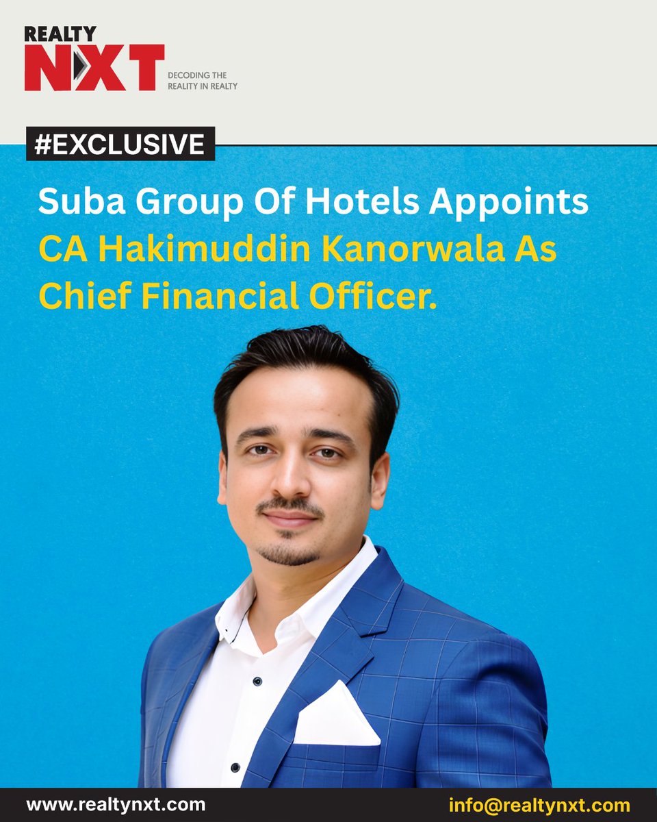 RealtyNXT's tweet image. #News | Suba Group of Hotels names CA Hakimuddin Kanorwala as CFO, bringing experience from Ginger Hotels, Accor, Hilton, and PKF Sridhar &amp;amp; Santhanam LLP.

#RealtyNXT #HospitalityIndustry #LeadershipMove #CFOAppointment #HotelBusiness