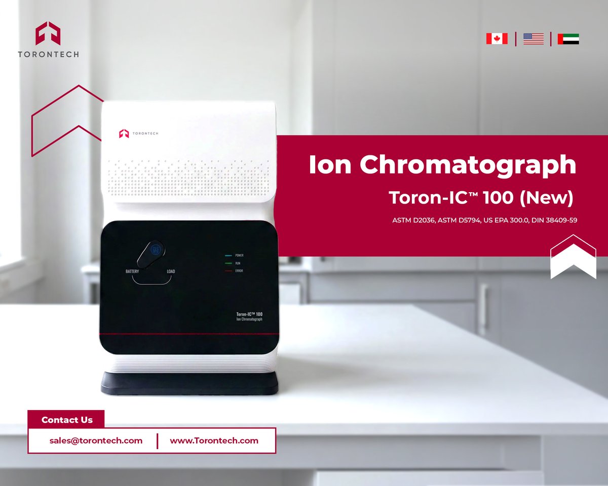 Torontech's tweet image. Torontech Ion Chromatograph – ToronIC™ 100 (New)

Accurate ion chromatography for reliable analysis of anions &amp;amp; cations with consistent, repeatable results.

🔗 torontech.com/product/ion-ch…
📩 info@torontech.com

#IonChromatography #WaterTesting #LabEquipment #Torontech
