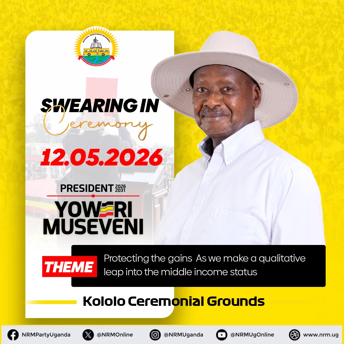 PicsNrm's tweet photo. Yoweri Kaguta Museveni will be inaugurated on May 12, 2026 at Kololo Ceremonial Grounds, beginning a new five-year term under the theme: “Protecting the Gains, Making a Qualitative Leap into High Middle-Income Status.”
#M7SwearsIn https://t.co/SAOvedlVyq