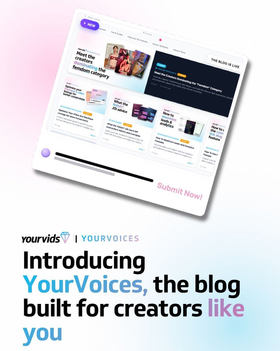 The spotlight is on YOU! 🙌 Introducing YourVoices: our new blog built exclusively for our creator community, written BY our creator community ✨ Head to yourvids.com/yourvoices and start reading 💎

Want to publish a piece? We're looking for stories, tips, and insights from