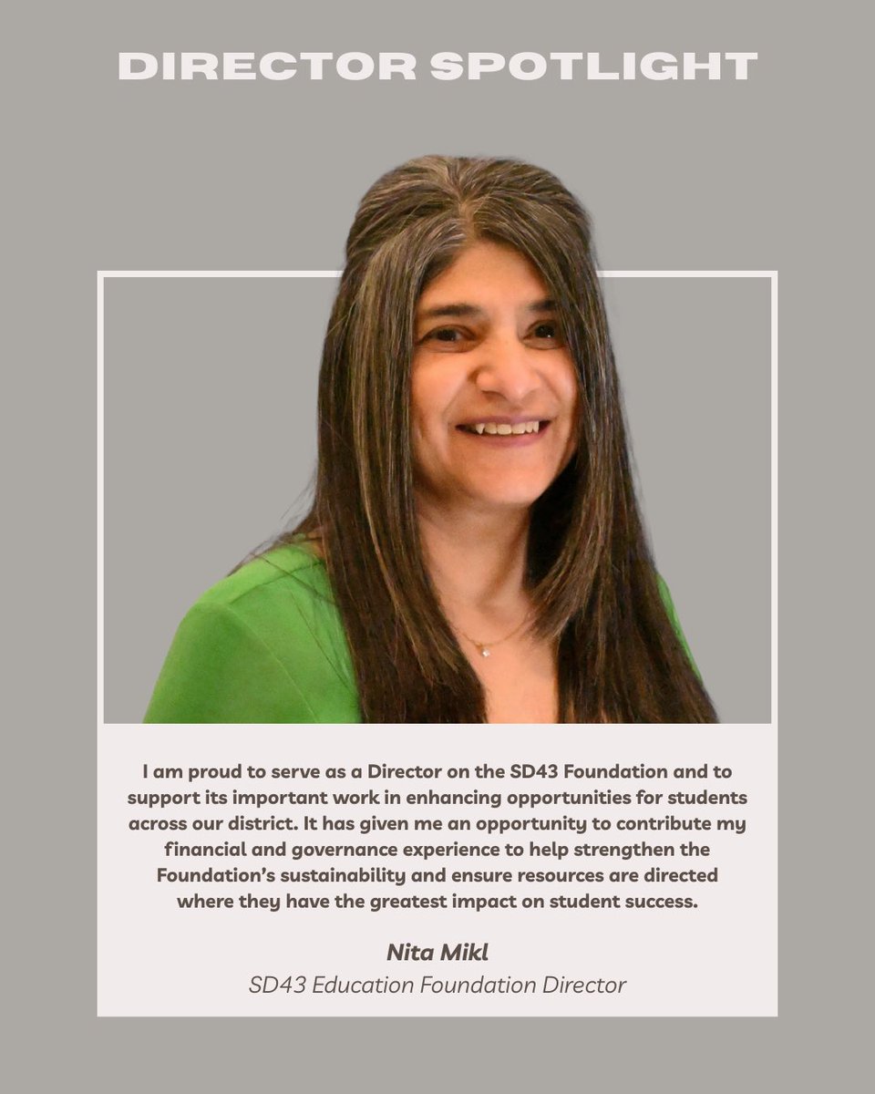 Sd43F's tweet photo. Nita Mikl plays a key role on the SD43 Education Foundation, bringing strong financial and governance expertise that helps guide our long term sustainability and impact. Her leadership ensures resources are directed where they matter most for student success.

#SD43EdFoundation https://t.co/aimmu8ePSd