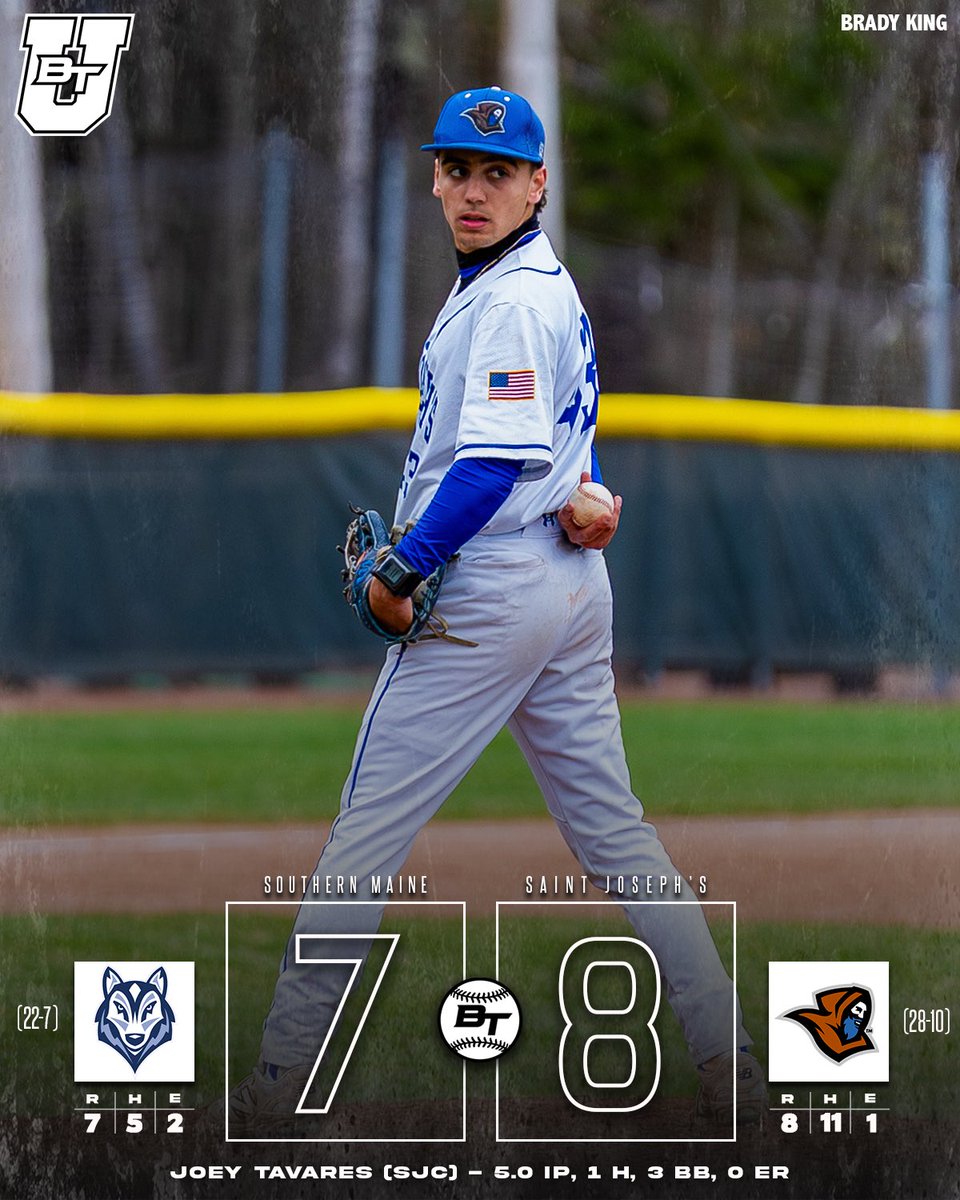 btmaine's tweet image. MONKS WIN IN-STATE SHOWDOWN 🌲

Last Night the Saint Joseph’s College Monks beat the University of Southern Maine 8-7 in extra innings following a Luke Doughty walk-off. 🚨

Joey Tavares came up clutch in relief, pitching 5 scoreless innnings. ♨️

#BTU