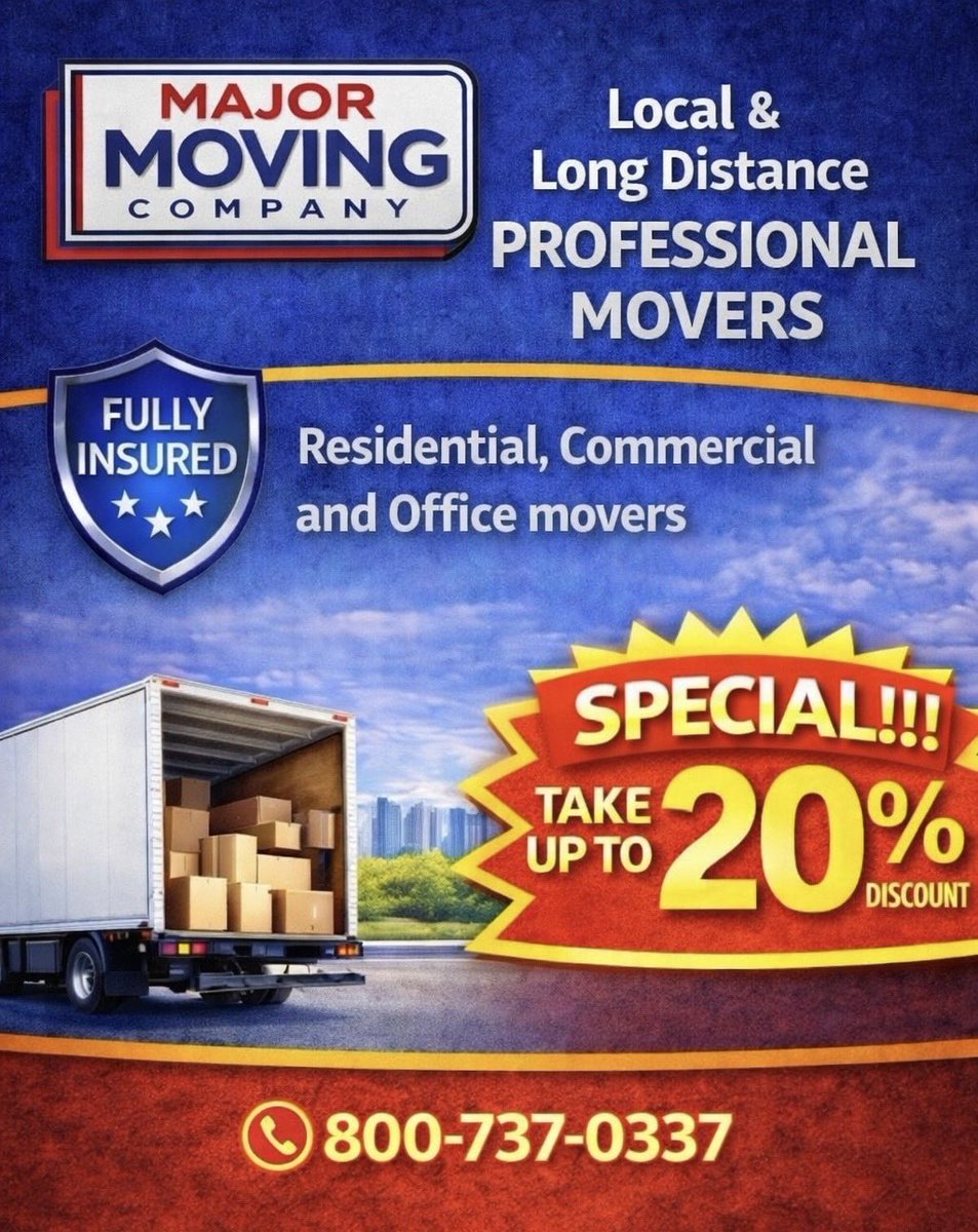 USMajorMoving's tweet image. #movers #movingcompany #movingcompanies #movingservice #movingcervices
Tel: (800)737-0337
majormovingcompany.com