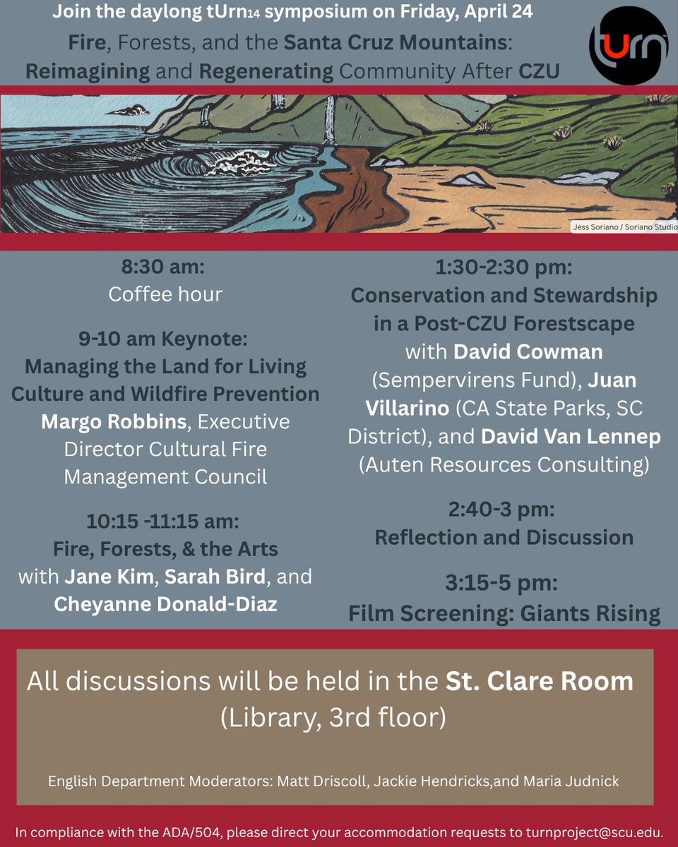 SCU_CAH's tweet photo. The CZU Santa Cruz Fires: Reimagining Community &amp; Regenerating Ecosystems since 2020 

Friday April 24, 2026
St. Clare Room, Learning Commons 3rd floor
8:30 am - 5:00 pm

Join us for all or part of this day-long series of talks during tUrn. https://t.co/HLEsyH7XXQ