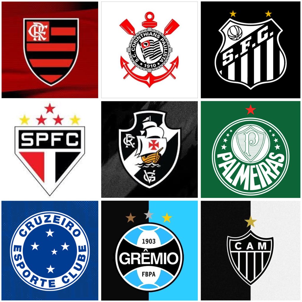 Clubes com mais seguidores no Instagram;

• Flamengo - 25,1 milhões
• Corinthians - 15,8 milhões
• Santos - 8,2 milhões
• Palmeiras - 7,6 milhões
• São Paulo - 7,1 milhões
• Vasco - 3,9 milhões
• Grêmio - 3,7 milhões
• Cruzeiro - 3,6 milhões
• Atlético/MG - 3,5 milhões