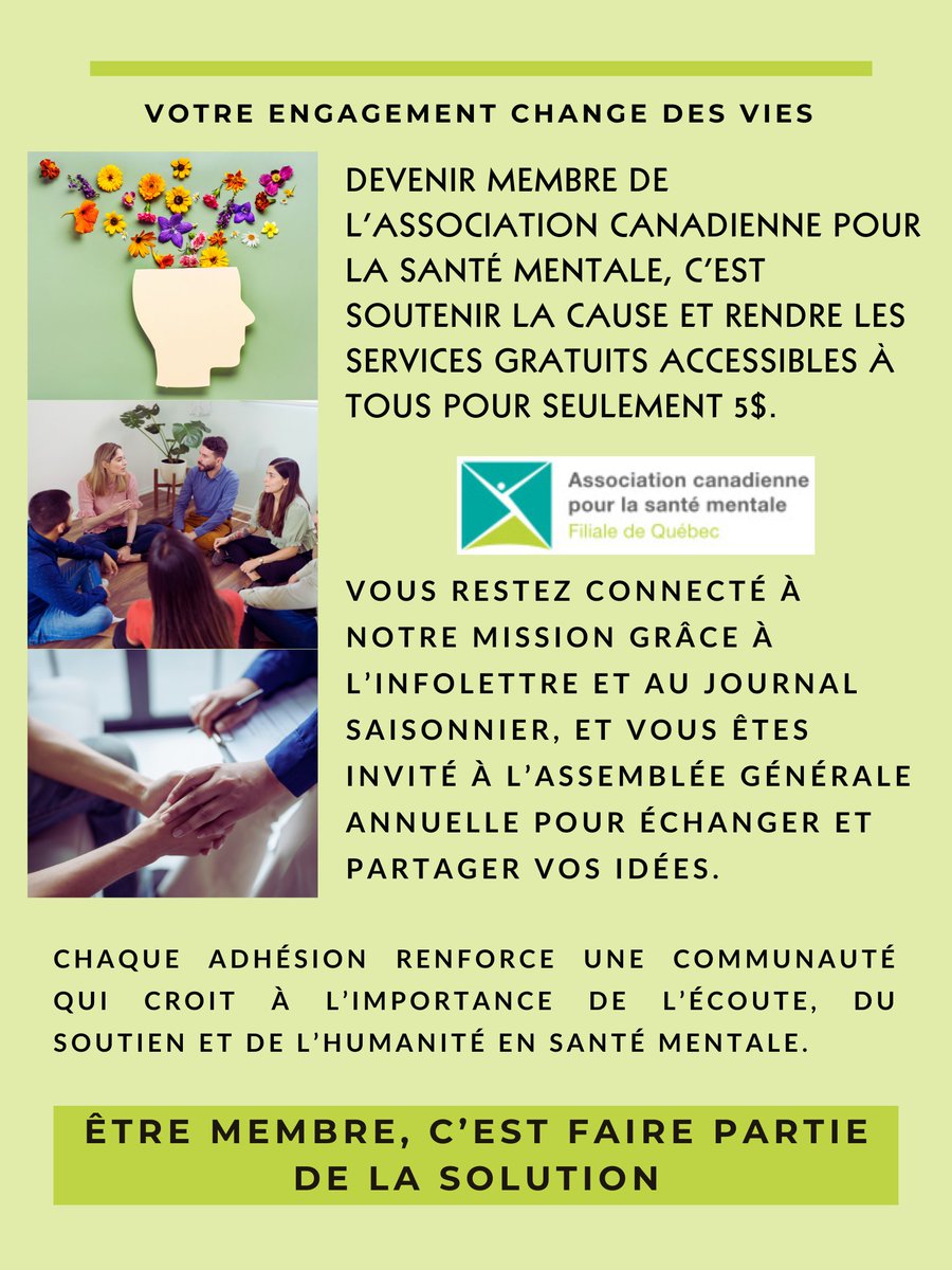 acsm_qc's tweet image. Devenez membre de l’Association canadienne pour la santé mentale pour 5$ et soutenez des services gratuits essentiels pour toute la communauté.
#SantéMentale #Engagement #Communauté