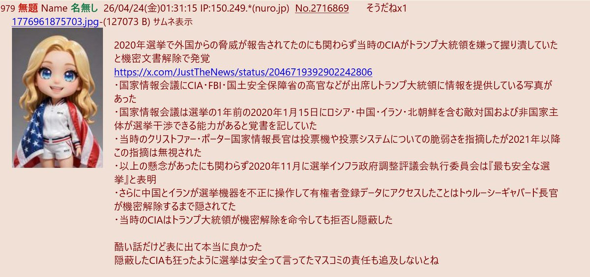 979
2020年選挙で外国からの脅威が報告されてたのにも関わらず当時のCIAがトランプ大統領を嫌って握り潰していたと機密文書解除で発覚
x.com/JustTheNews/st…

nov.2chan.net/35/res/2715267…