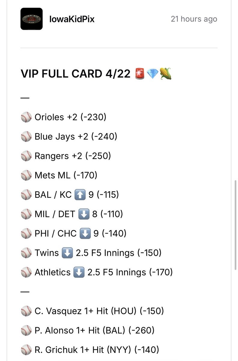 BettingPix's tweet image. VIP CARD + REVIEW 4/22 📝💎🌽

8 - 4 (67%) 🤝💸

MLB Season Record: 128 - 46 (74%) 🤑

Members Continue To Cash All Baseball Season Long! ⭐️

Join The Team Today Using The Link In Our Bio For 30% Off All Packages! 🔗👆

#Gambling #Betting #FreePlays #VIP #IKP