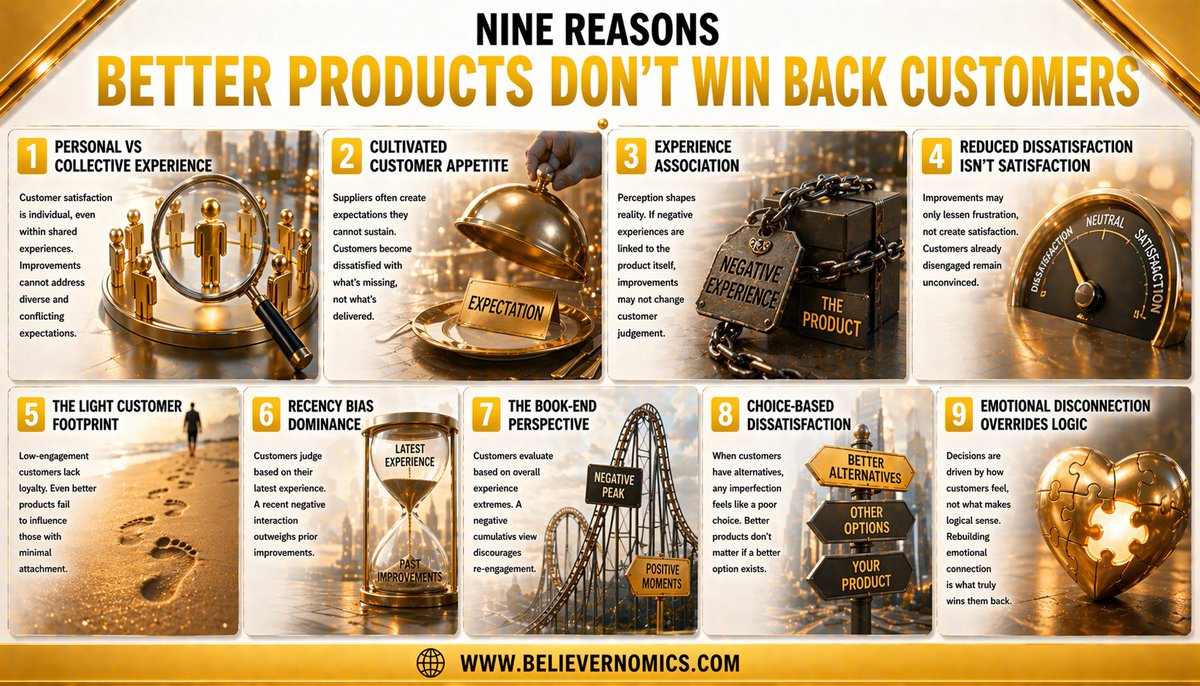 Believernomics's tweet image. Nine reasons better products don't win back customers. #leadership #business #success #startup #entrepreneur #infographic #infographics #thursdayvibes #thursdaythoughts #thursdaymotivation