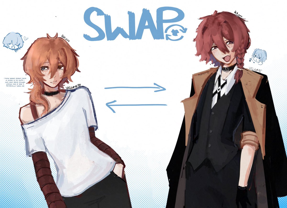 Kufiume's tweet image. outfit swap 🔄
#ZENO #maenoaki #基地絵 ♡ #中也 #chuuya #bsd #chuuyanakahara