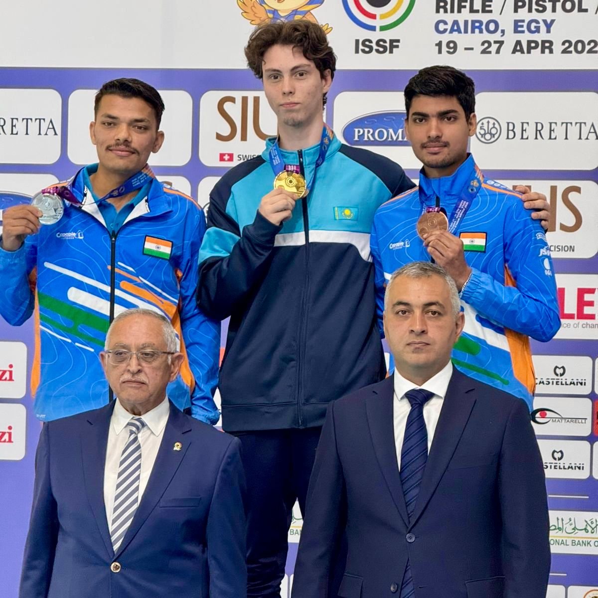 Asian_Shooting's tweet photo. ISSF Junior World Cup Rifle / Pistol / Shotgun 2026 – Cairo 🇪🇬

25m Pistol Men Junior – Final

Asian shooters delivered strong performances

🥇 TSUKANOV Kirill (KAZ)
🥈 CHANDRA Raj (IND)
🥉 DESHWAL Abhinav (IND)

Congratulations to all medalists and participants. https://t.co/Y40nX4nGHt