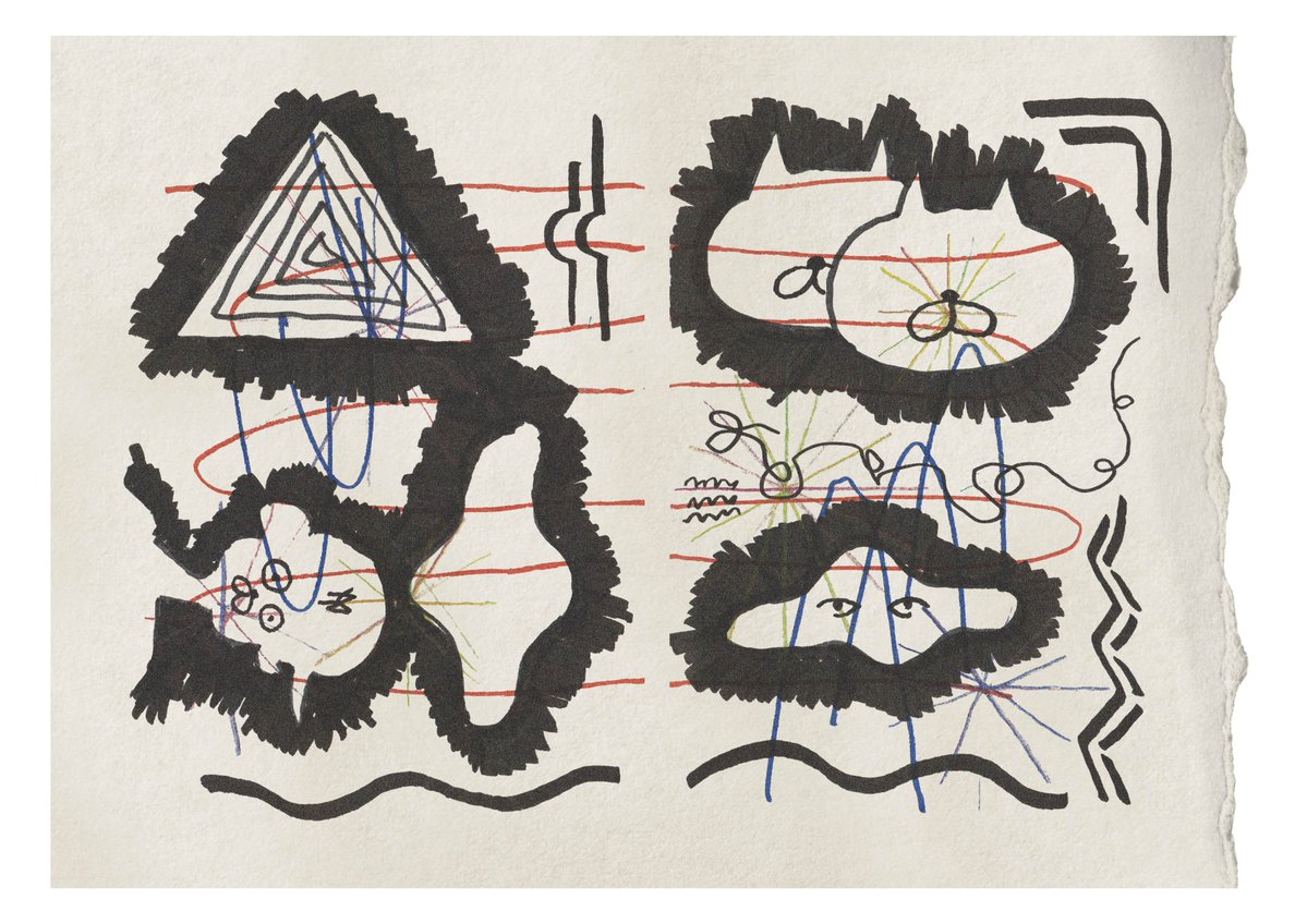 babanobosoboso's tweet image. 人を動物の口にしたり、英文をふにゃふにゃな線で表現したり、図形を多用したり、スミベタと余白でマスクををきったり、今でもやる技法にもなっていない手癖はわりと武器になってきている。

not thinking graphics poster.
#design #graphic #illustration