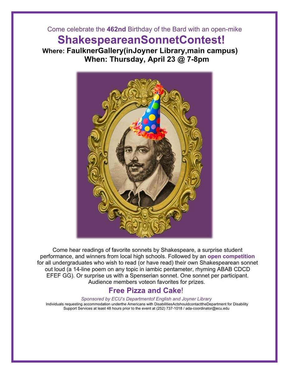 ECUEnglish's tweet photo. 🎉 Happening TONIGHT 🎉 

It’s time to celebrate the Bard in style with sonnets, performances, and a little friendly competition.

Join us for the Shakespearean Sonnet Contest + Open Mic Night tonight at 7 PM in Joyner Library (Faulkner Gallergy)! 😊 https://t.co/rJlrbDB2cQ