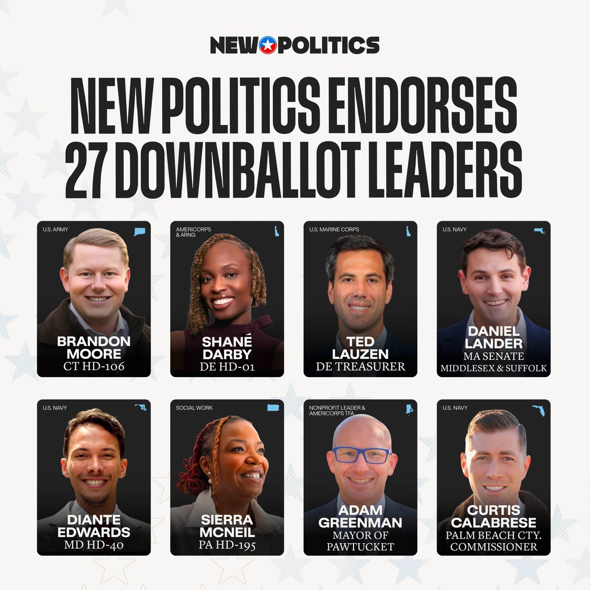 new_poli's tweet photo. The strength of our democracy depends not just on who leads in Washington, but on who leads in communities across this country. 

That's why New Politics is proud to endorse 27 servant leaders running downballot races, from state legislature to school board. 🧵 https://t.co/PUzGp2e3Lb